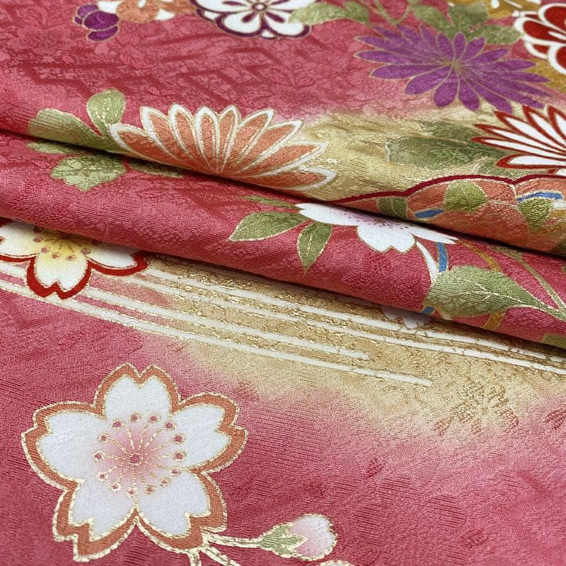502aj21◎振袖＆袋帯 金彩 花扇 成人式 結婚式 十三参り◎美品